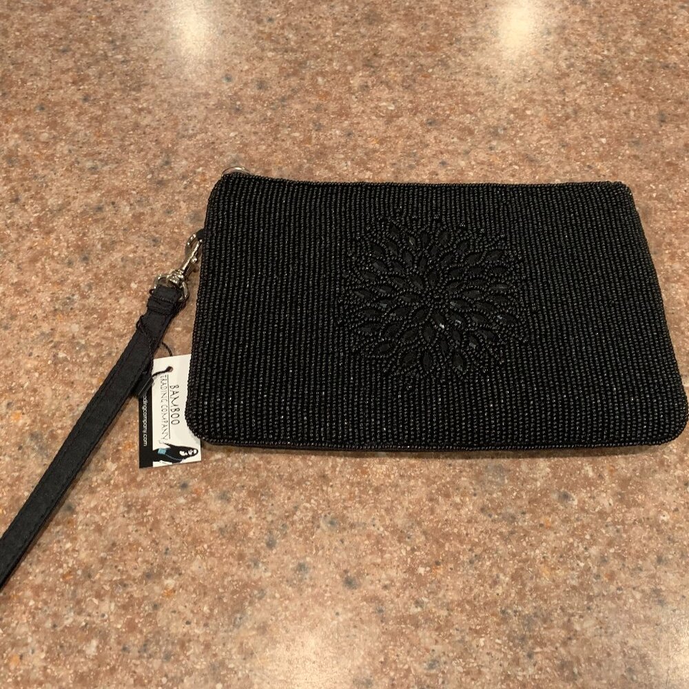 The Bamboo Trading Company Black Floral Beaded Club bag NWT